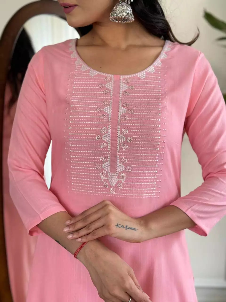 Rayon Slub Pink Embroidered Kurti Pant with Organza Dupatta