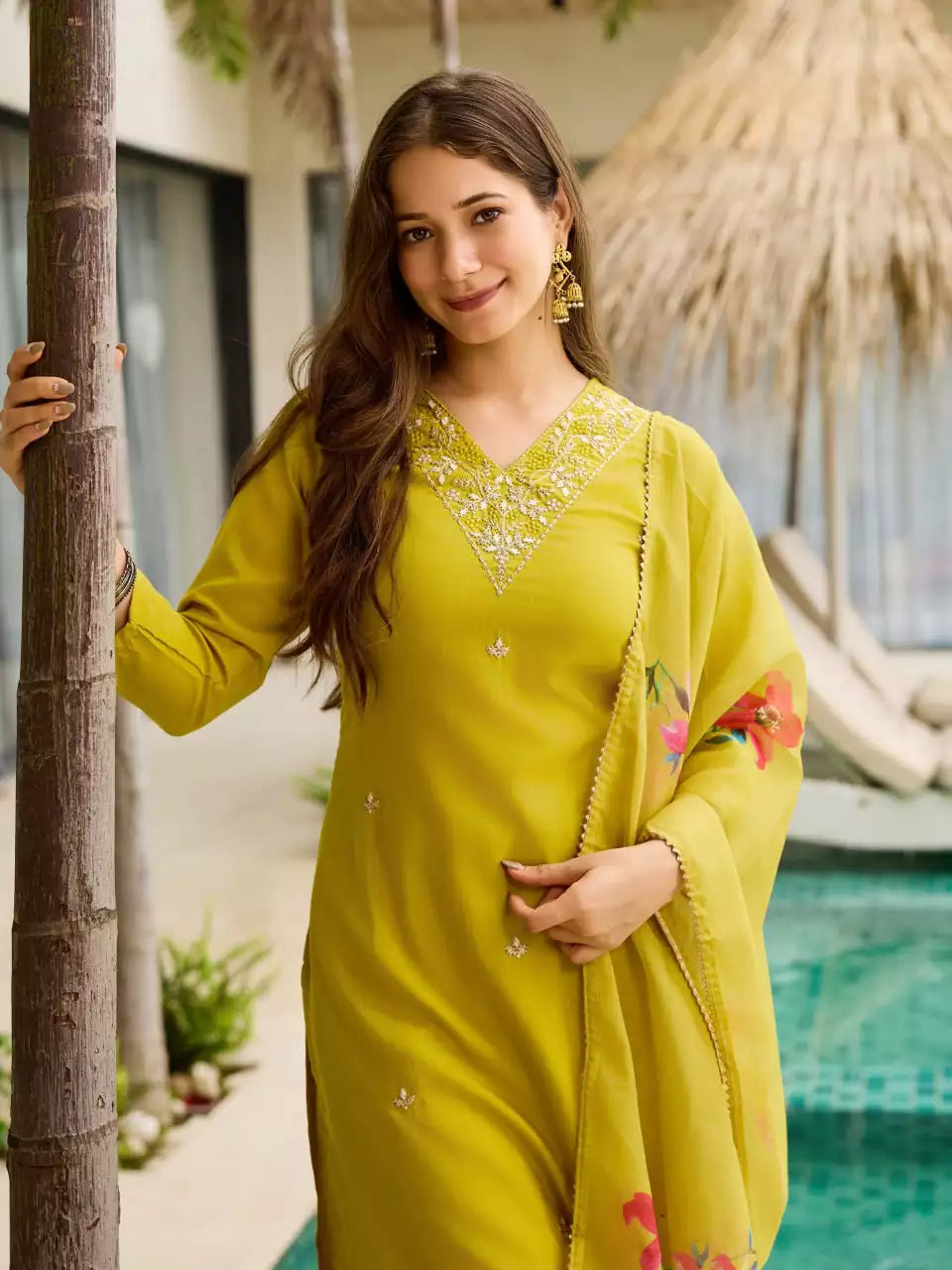 Rayon Slub Embroidered Straight Kurti Pant Set with Organza Dupatta