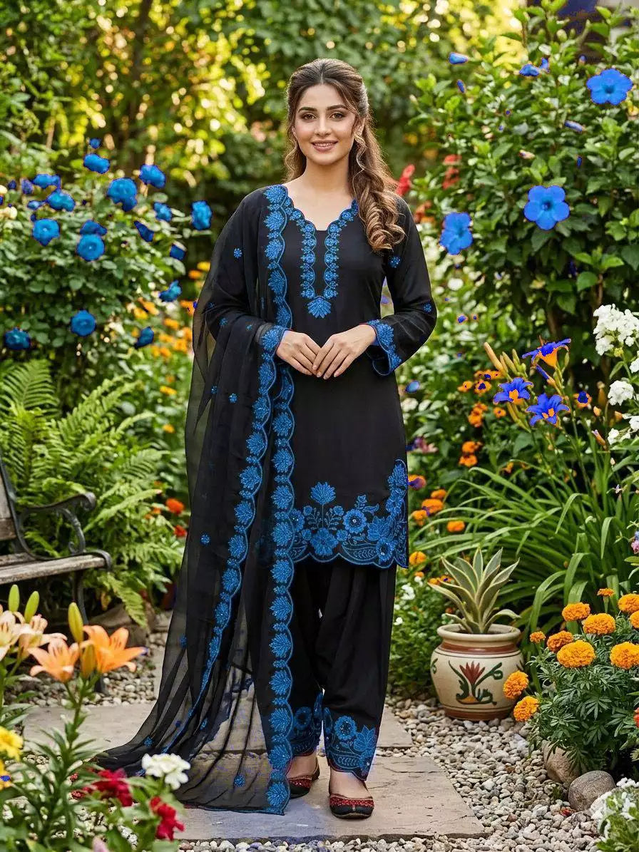 Crepe Silk Sequence Embroidered Top Farsi Salwar Set with Organza Dupatta