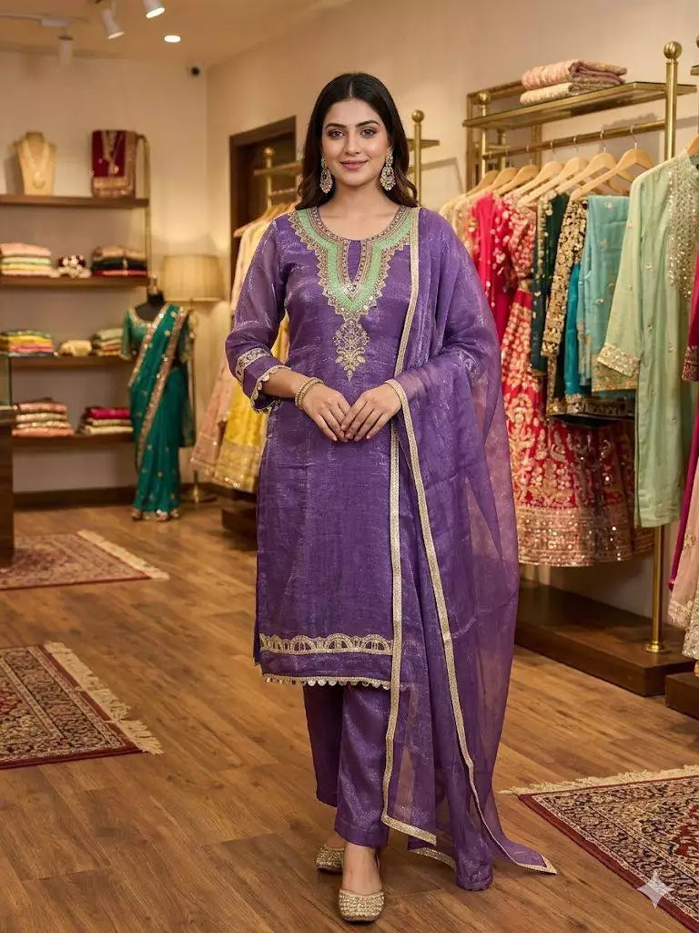 Crunchy Real Mirror & Sequence Embroidered Top Pant Set with Dupatta