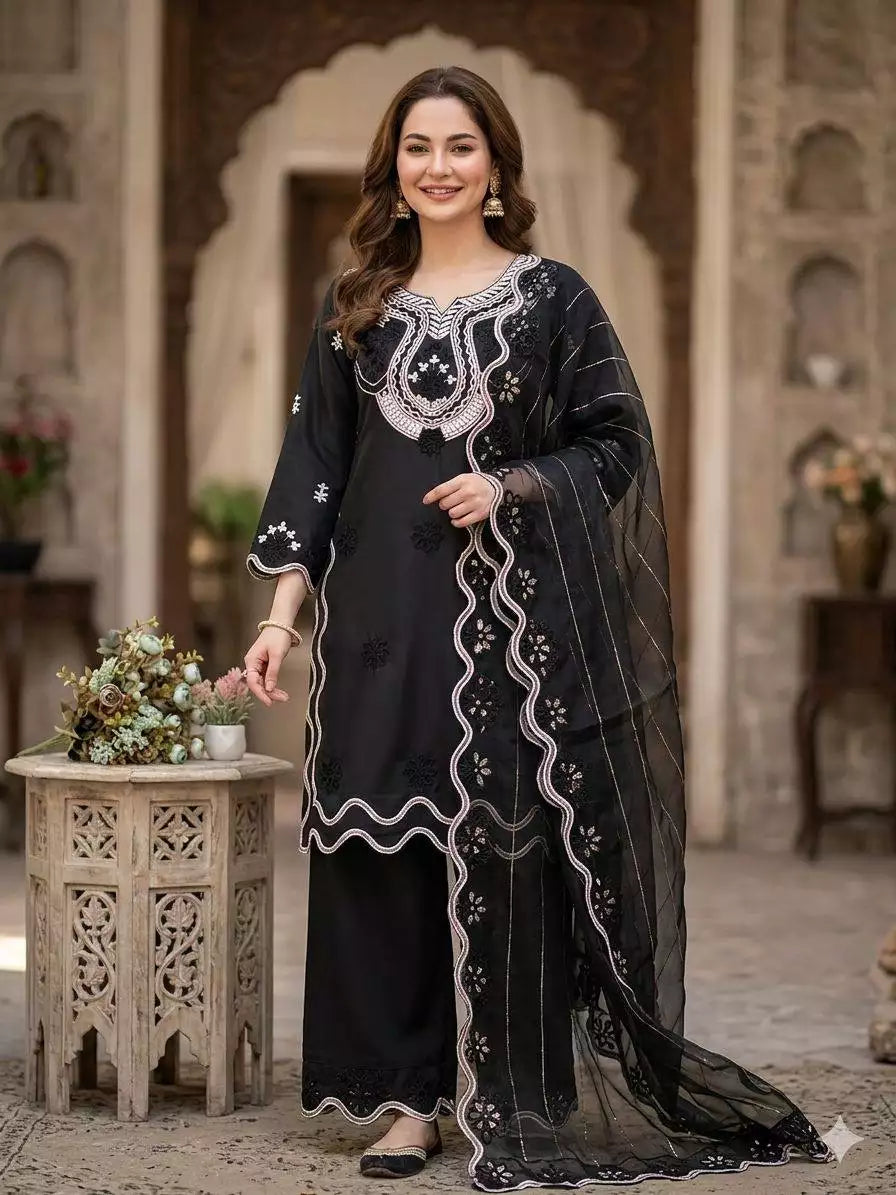 Hania Amir Inspired Crepe Silk Sequence Embroidered Top Palazzo Set with Dupatta