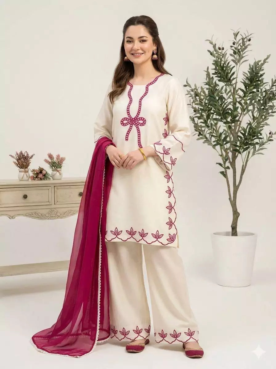 Hania Amir Inspired Rayon Embroidered Top Farsi Salwar Set with Dupatta