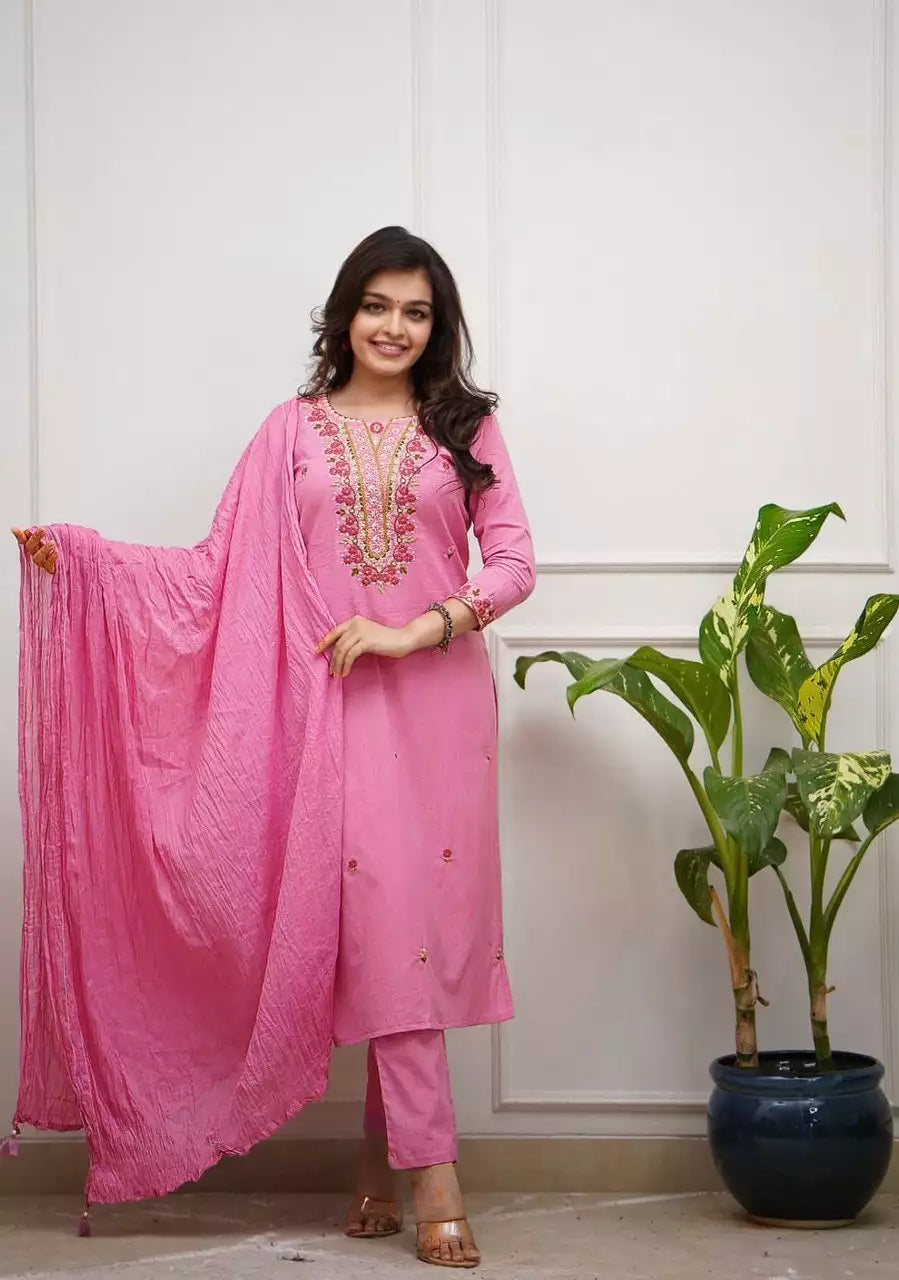 Heavy Roman Fabric Embroidered Suit Set with Chanderi Silk Dupatta