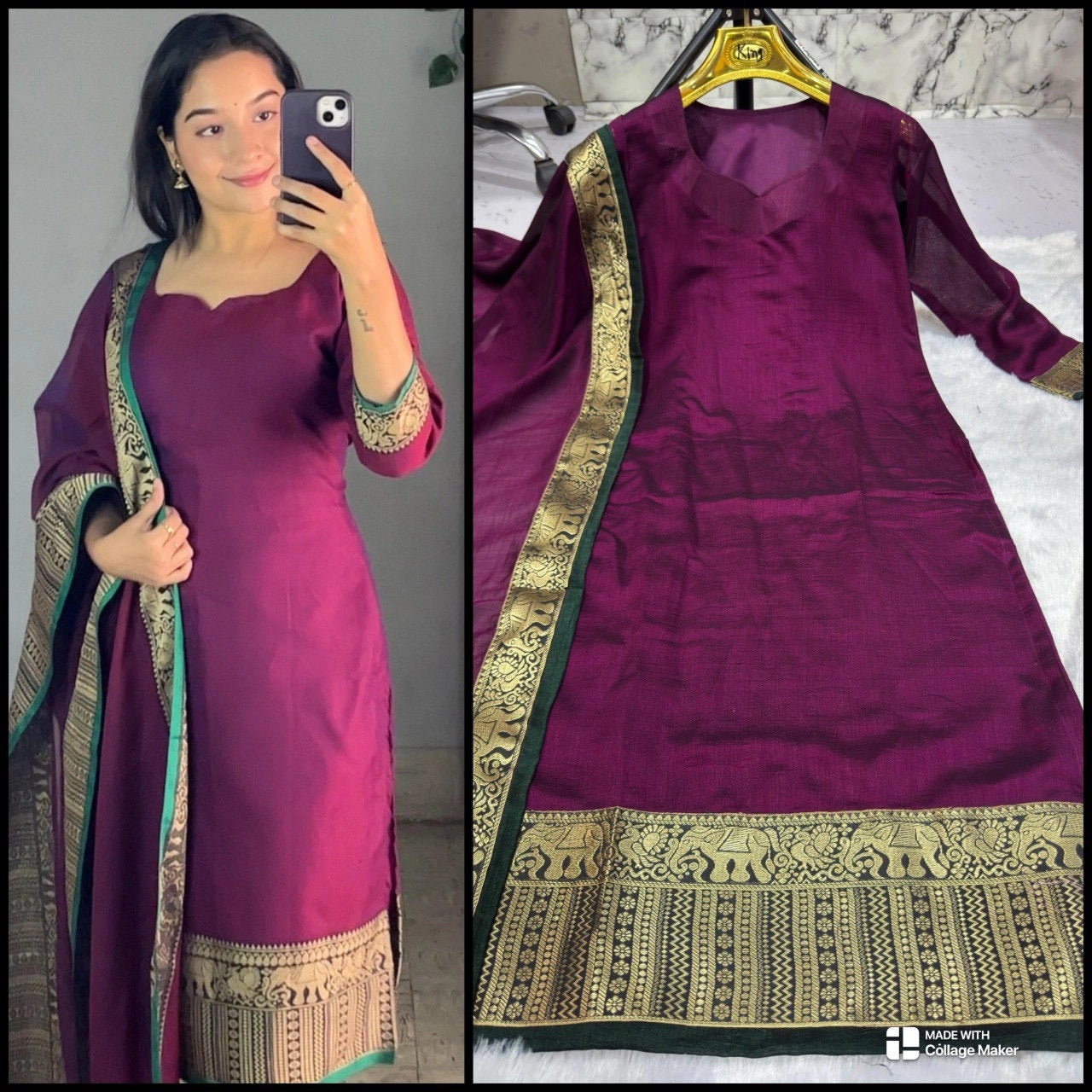 Silk Kurti with Jacquard Border Matching Dupatta