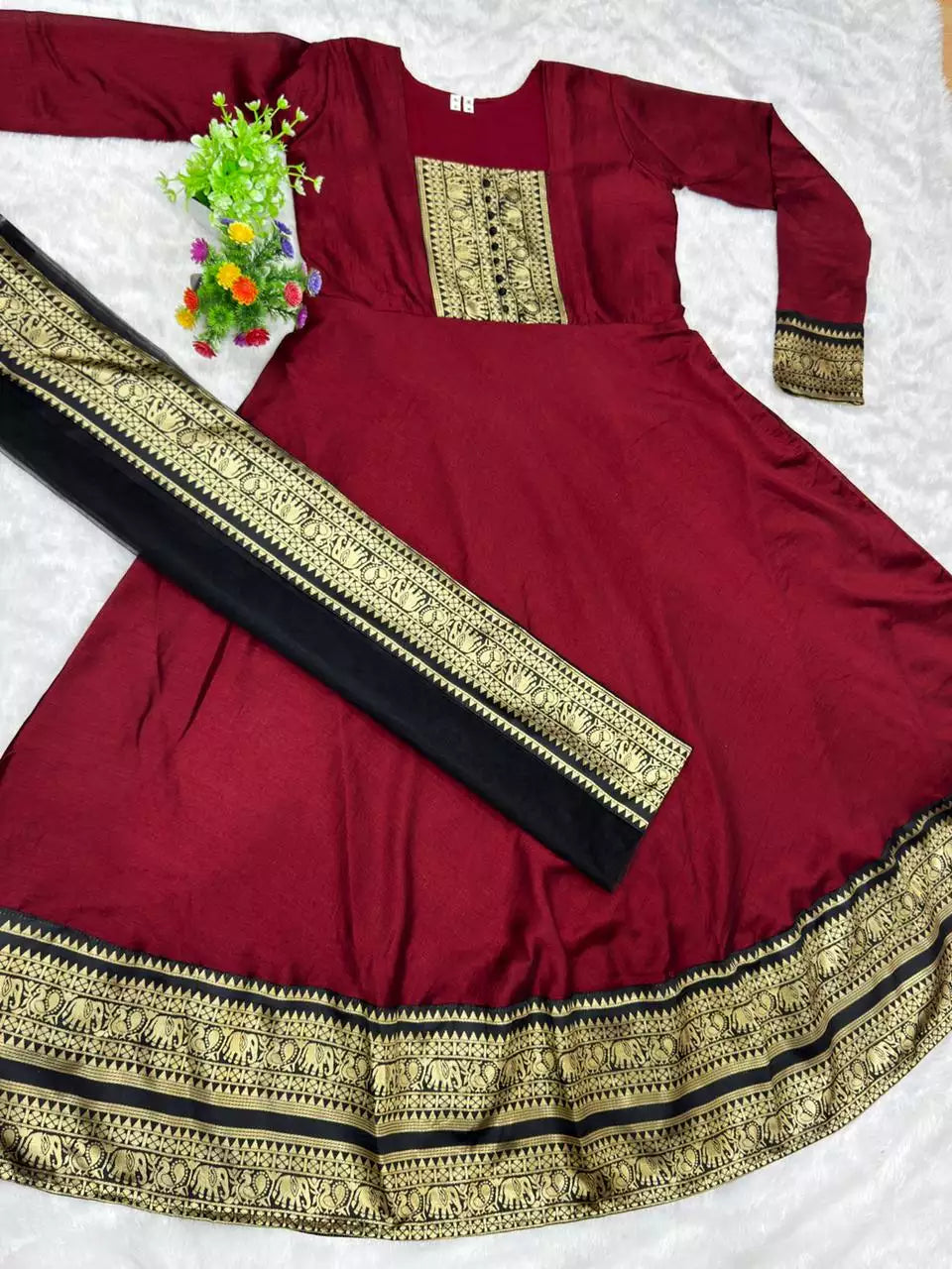 Maroon Vichitra Silk Maxi Kurti with Jacquard Border Dupatta for Girl