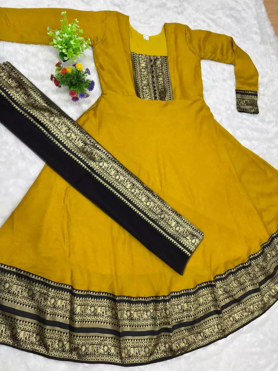 Yellow Vichitra Silk Maxi Kurti with Jacquard Border Dupatta for Girl