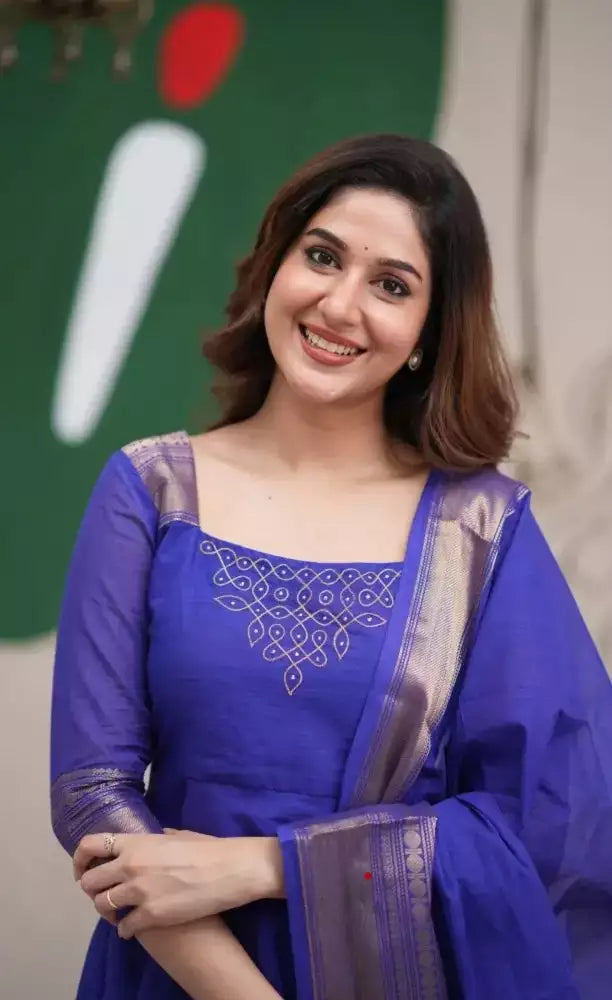 Jacquard Silk Embroidered Maxi Kurti with Dupatta