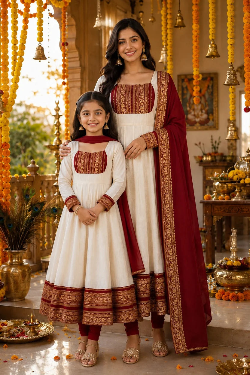 White Cotton Chanderi Maxi Kurti with Jacquard Border Dupatta Combo