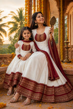 White Cotton Chanderi Maxi Kurti with Jacquard Border Dupatta Combo