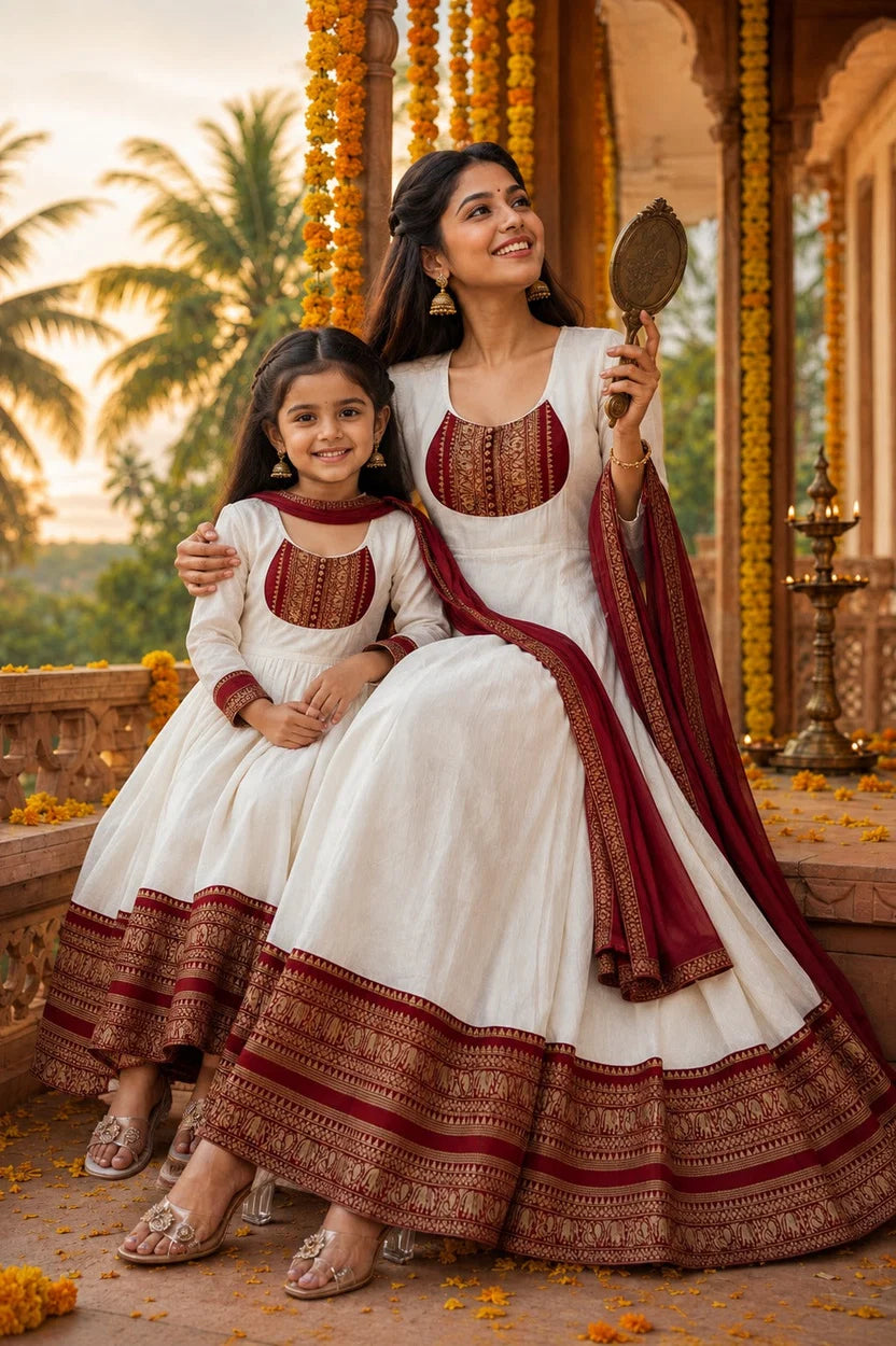 White Cotton Chanderi Maxi Kurti with Jacquard Border Dupatta Combo