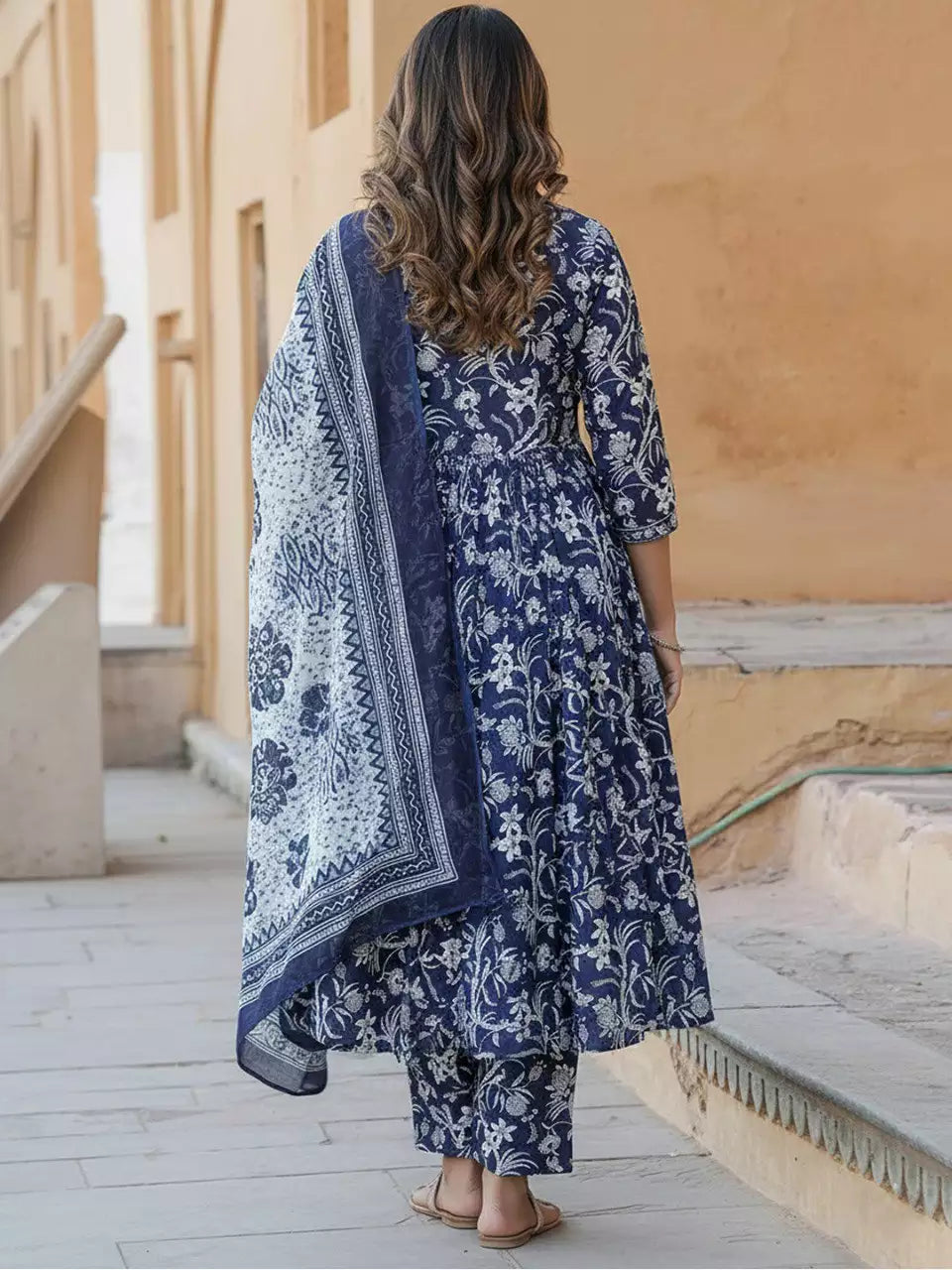 Rayon Printed Blue Kurti Pant Set with Dupatta