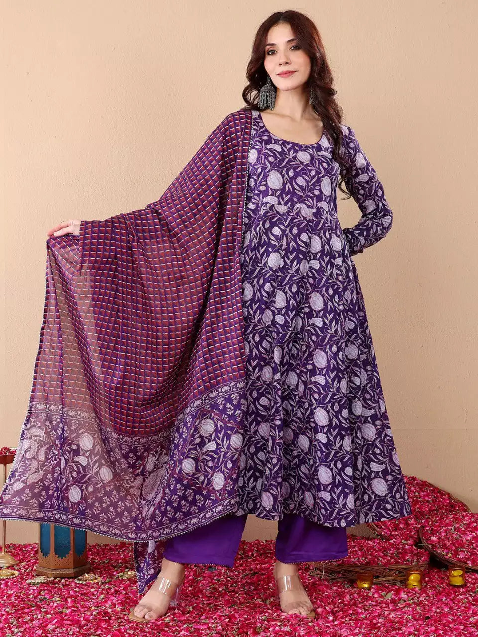 Rayon Printed Purple Kurti Pant Set with Dupatta