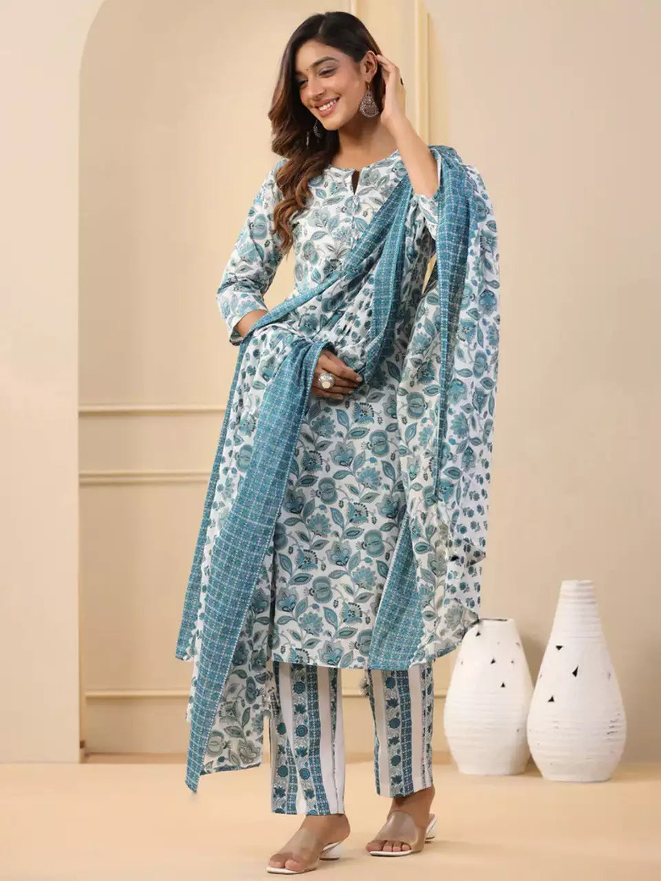 Rayon Printed White Kurti Pant Set with Dupatta