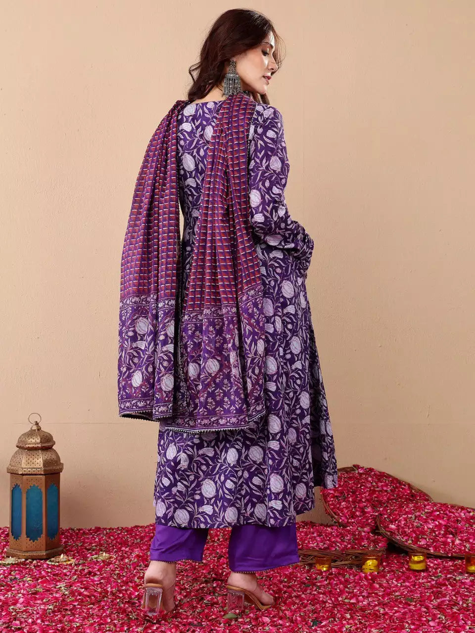 Rayon Printed Purple Kurti Pant Set with Dupatta