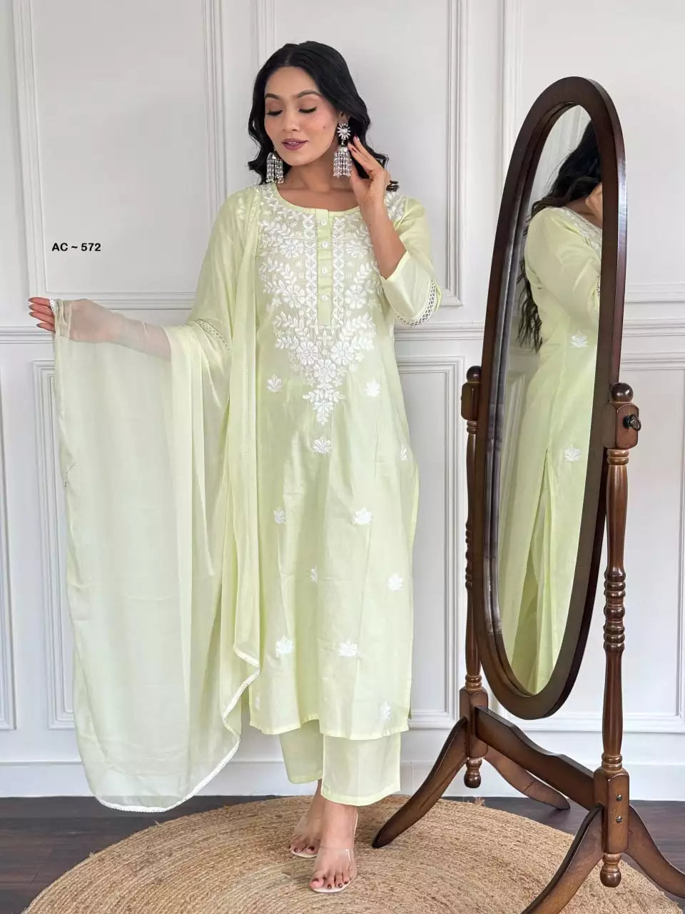 Heavy Cotton Embroidered Straight Kurti Pant Set with Nazneen Chiffon Dupatta