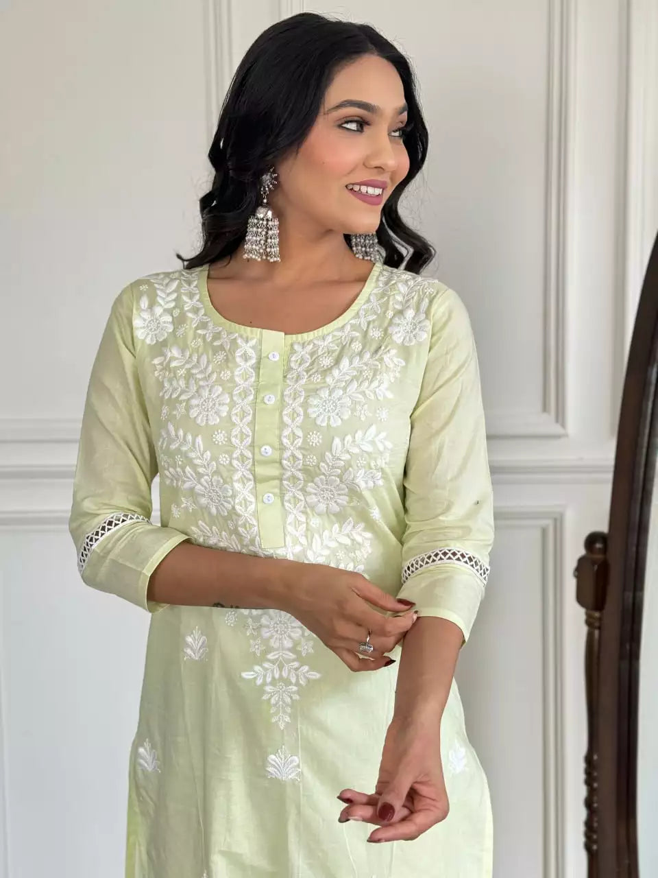 Heavy Cotton Embroidered Straight Kurti Pant Set with Nazneen Chiffon Dupatta