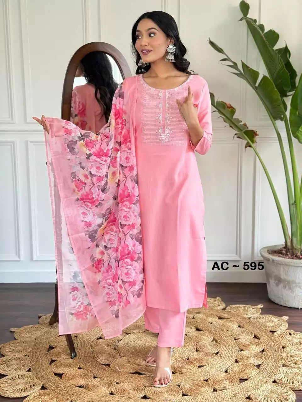 Rayon Slub Pink Embroidered Kurti Pant with Organza Dupatta