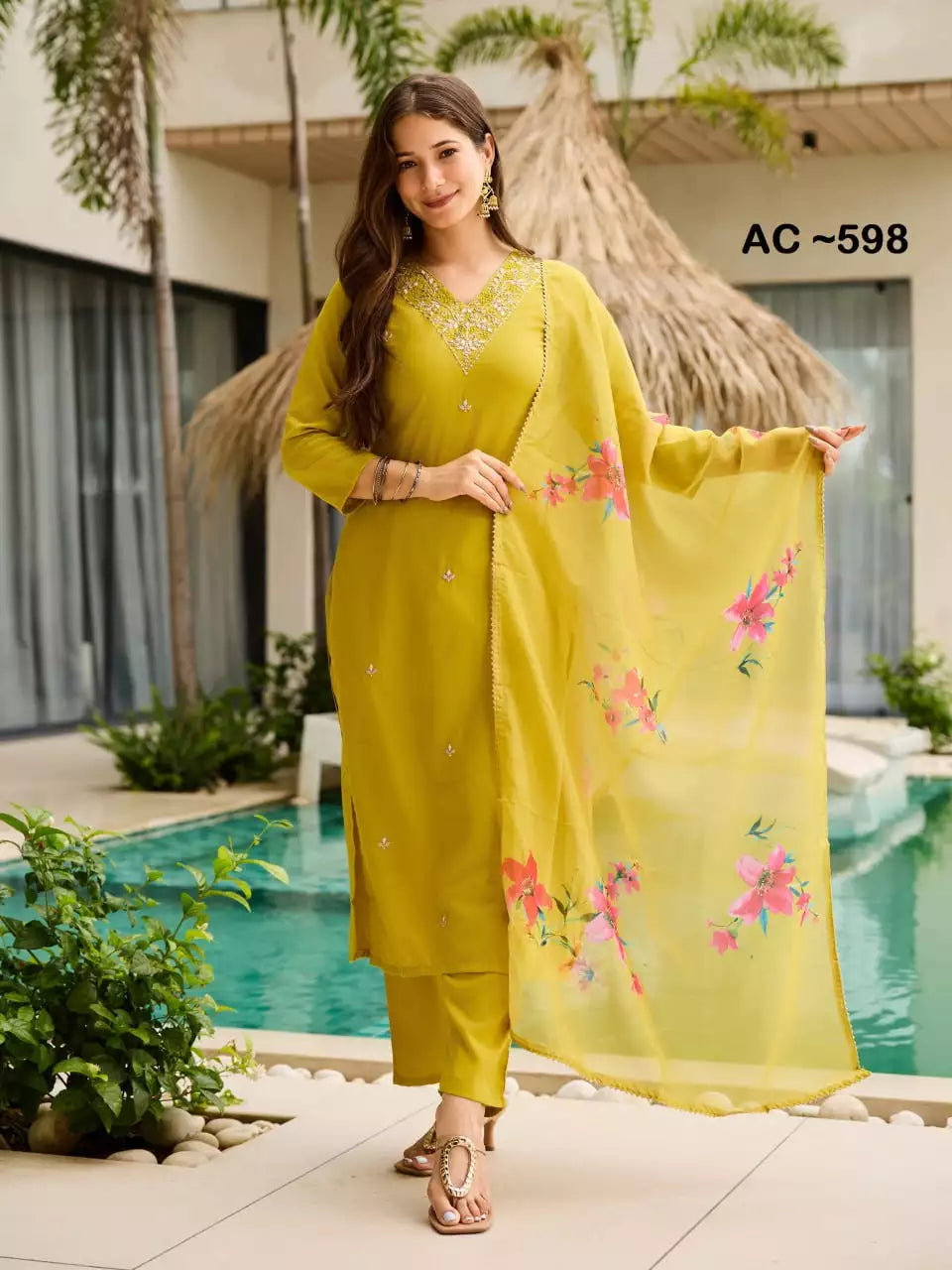 Rayon Slub Embroidered Straight Kurti Pant Set with Organza Dupatta