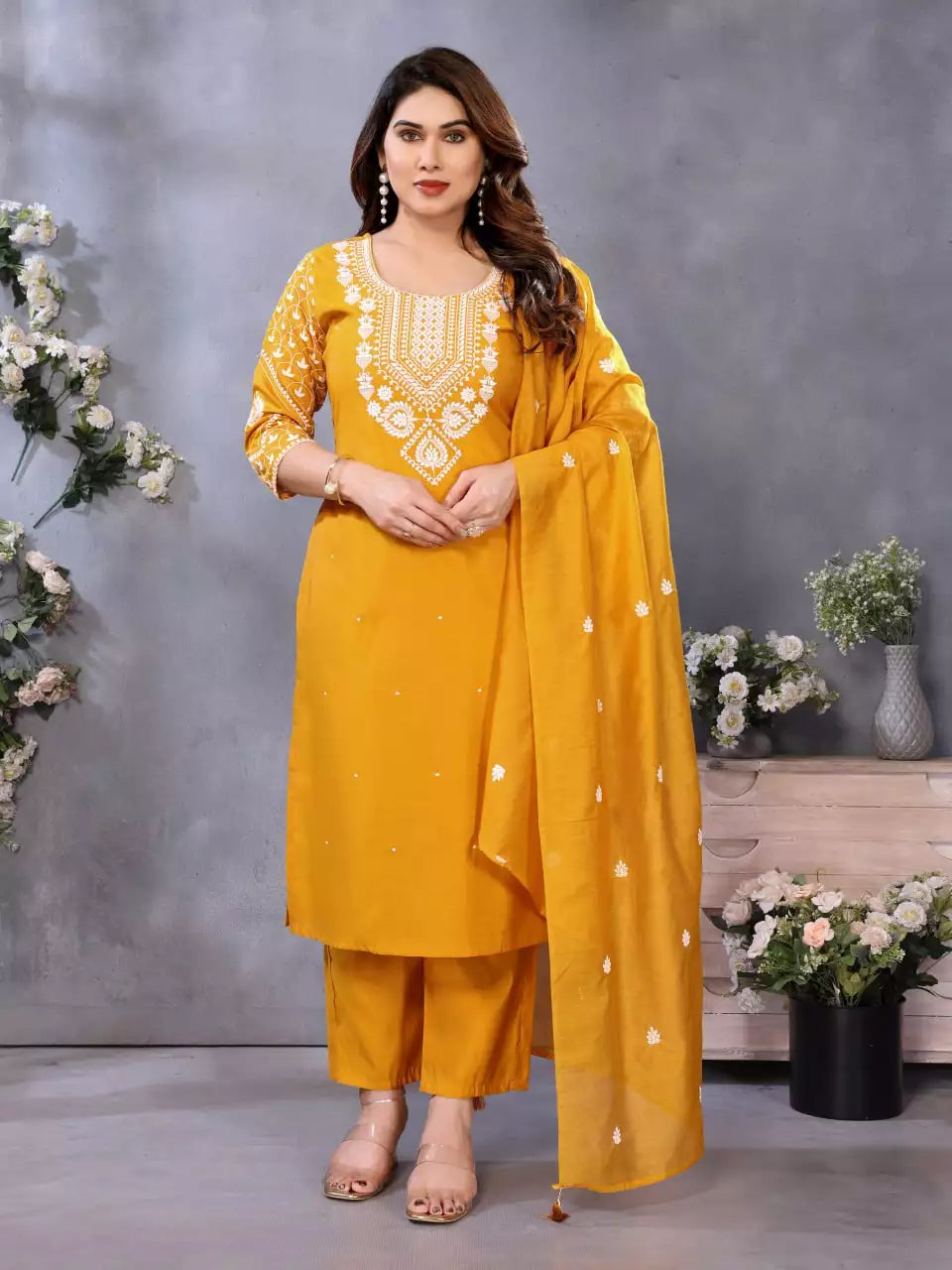 Straight Embroideried Chanderi Cotton Kurti Pant & Dupatta Set