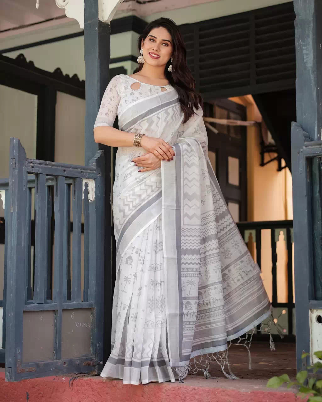 Linen Cotton Warli Print Saree with Grey Zari Border