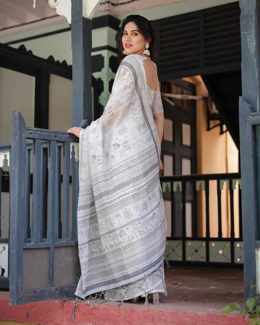 Linen Cotton Warli Print Saree with Grey Zari Border