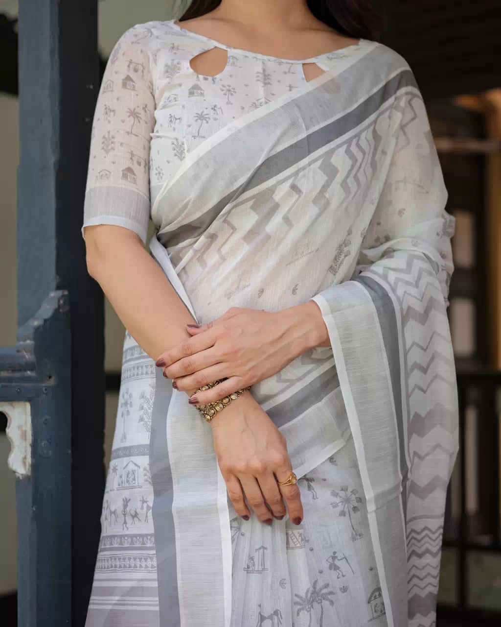 Linen Cotton Warli Print Saree with Grey Zari Border