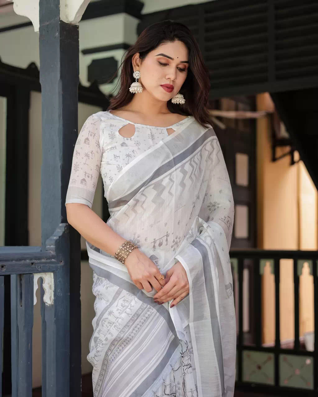 Linen Cotton Warli Print Saree with Grey Zari Border