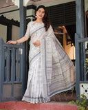 Linen Cotton Warli Print Saree with Grey Zari Border