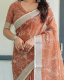 Linen Cotton Orange Saree with Silver Zari Border