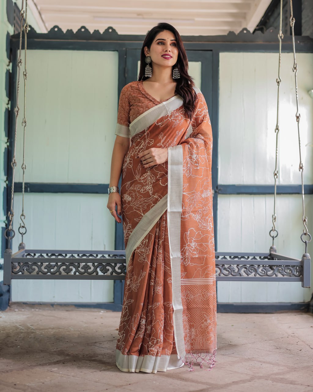 Linen Cotton Orange Saree with Silver Zari Border