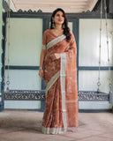 Linen Cotton Orange Saree with Silver Zari Border