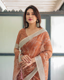 Linen Cotton Orange Saree with Silver Zari Border