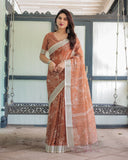 Linen Cotton Orange Saree with Silver Zari Border