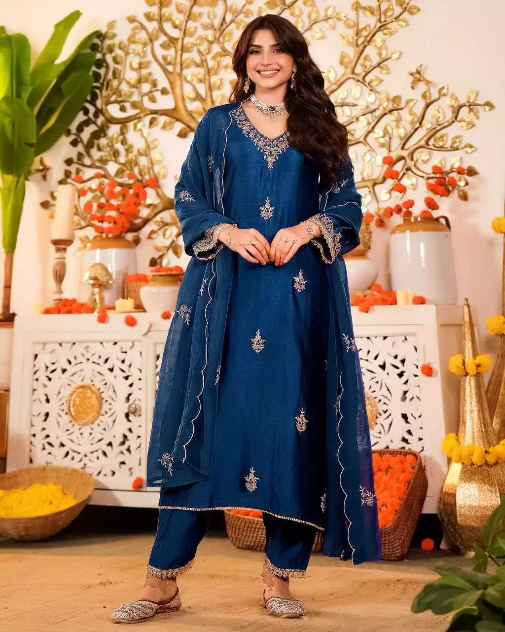 Vichitra Silk Embroidered Kurta Pant Set with Dupatta