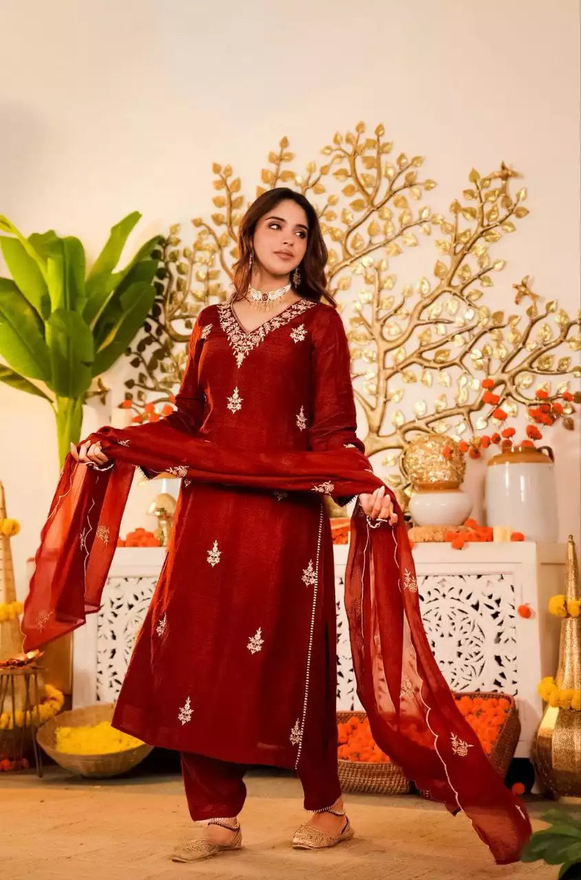 Vichitra Silk Embroidered Kurta Pant Set with Dupatta
