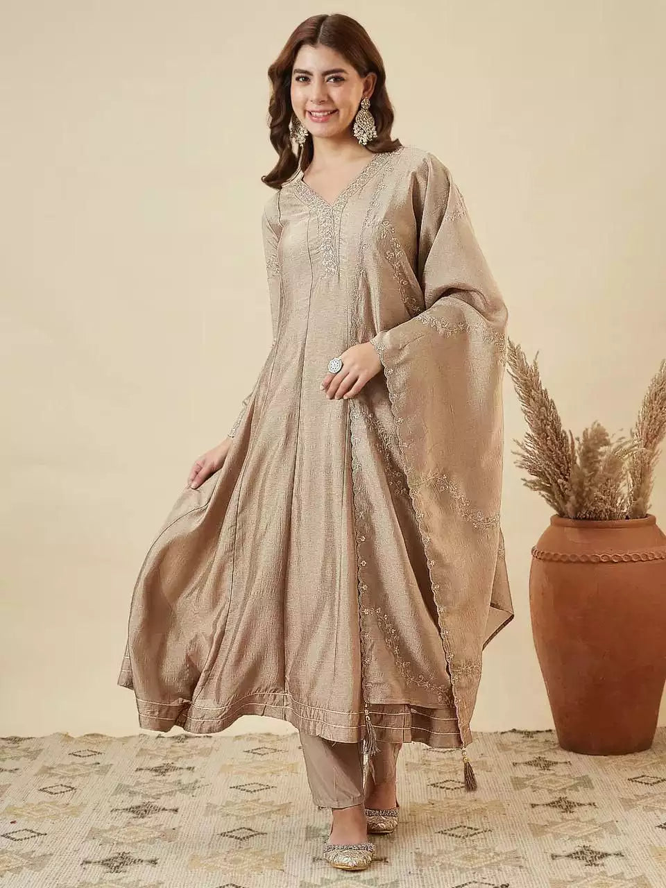 Vichhitra Silk Embroidered Anarkali Kurti Pant Set with Dupatta