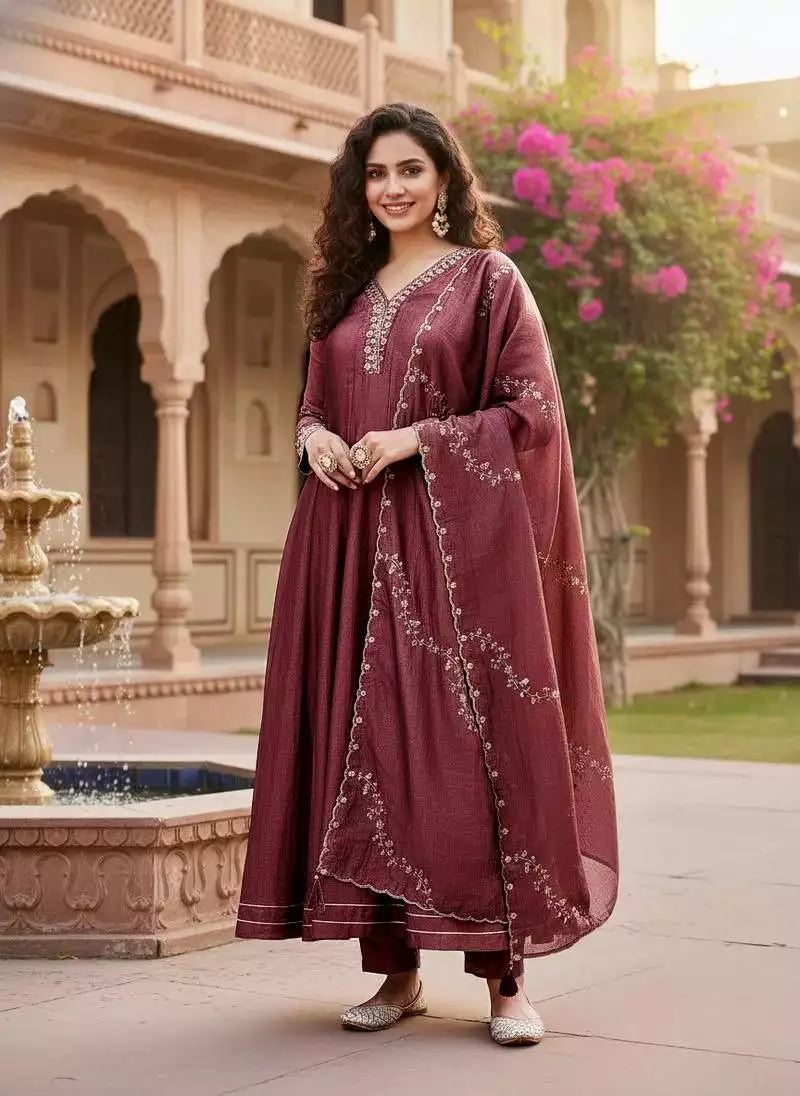 Vichhitra Silk Embroidered Anarkali Kurti Pant Set with Dupatta