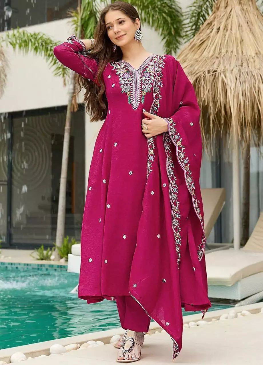 Vichhitra Silk Embroidered Kurta Pant Set with Dupatta