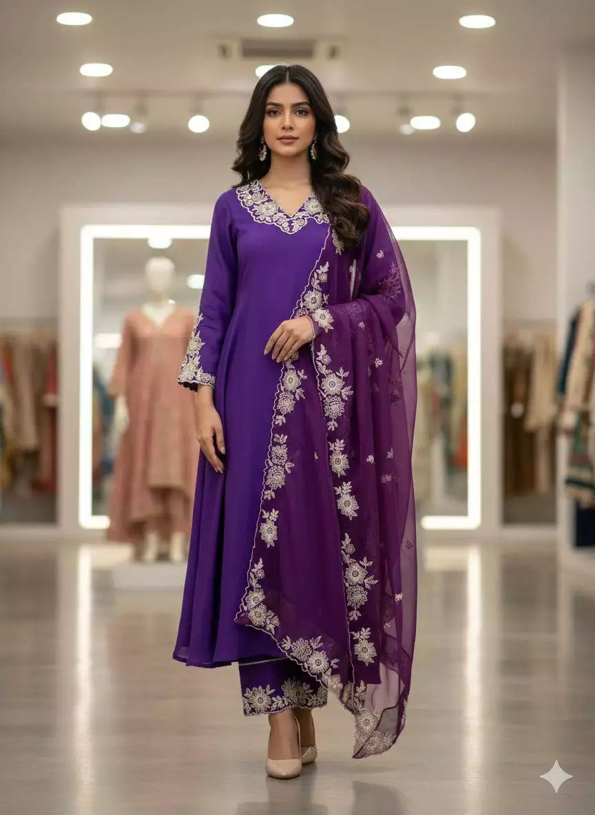 Roman Silk Embroidered Kurti Pant Set with Organza Dupatta