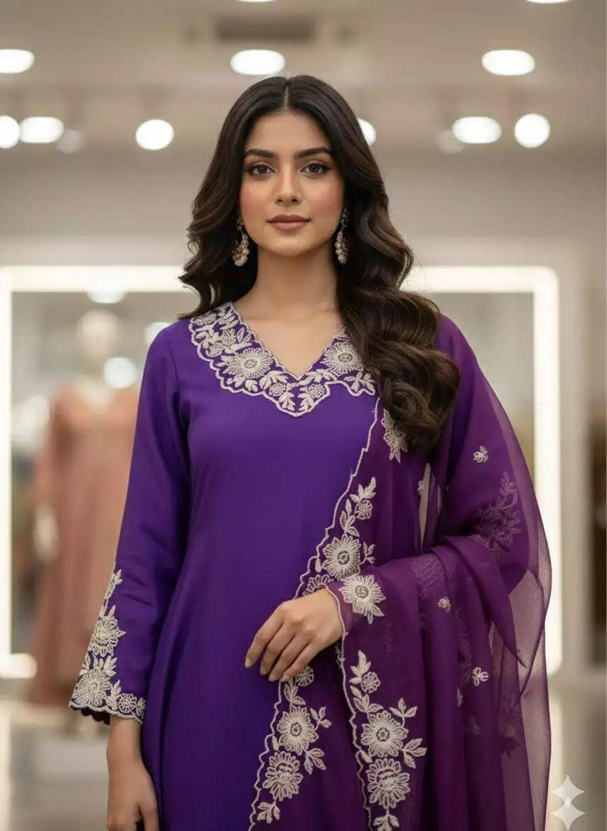 Roman Silk Embroidered Kurti Pant Set with Organza Dupatta