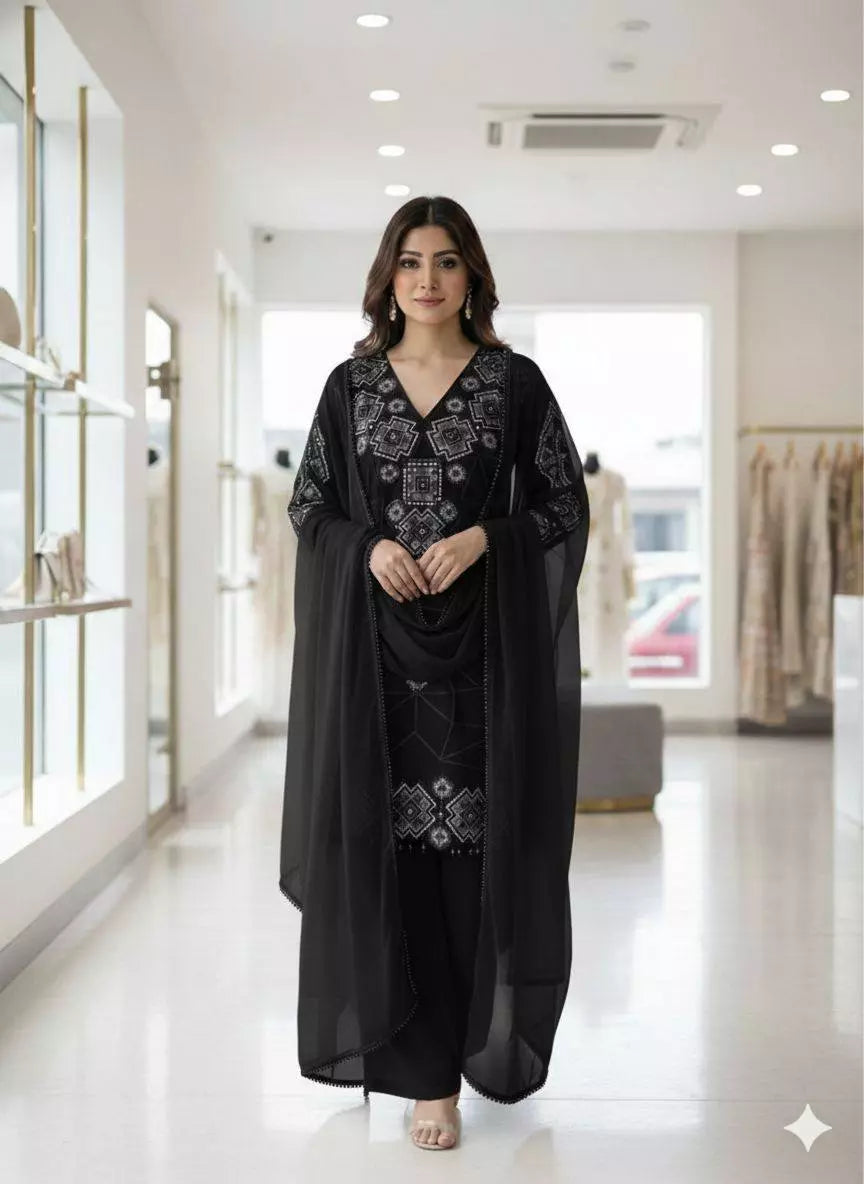 Black Georgette Sequence Embroidered Top Palazzo Set with Dupatta