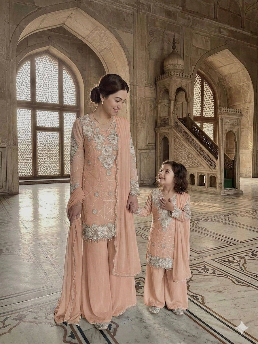 Georgette Embroidered Top Palazzo Set with Dupatta for Girl
