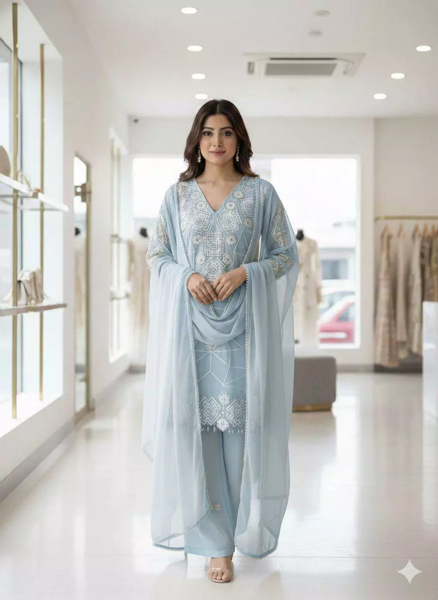 Sky Blue Georgette Sequence Embroidered Top Palazzo Set with Dupatta