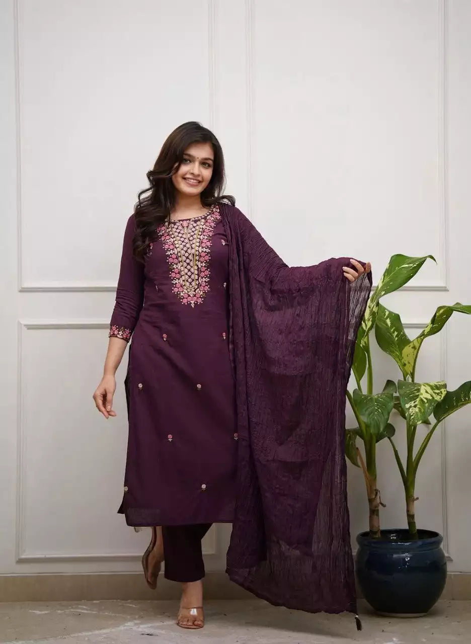 Heavy Roman Fabric Embroidered Suit Set with Chanderi Silk Dupatta