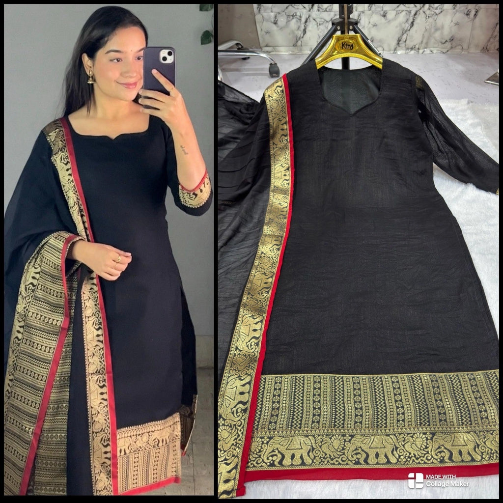 Silk Kurti with Jacquard Border Matching Dupatta