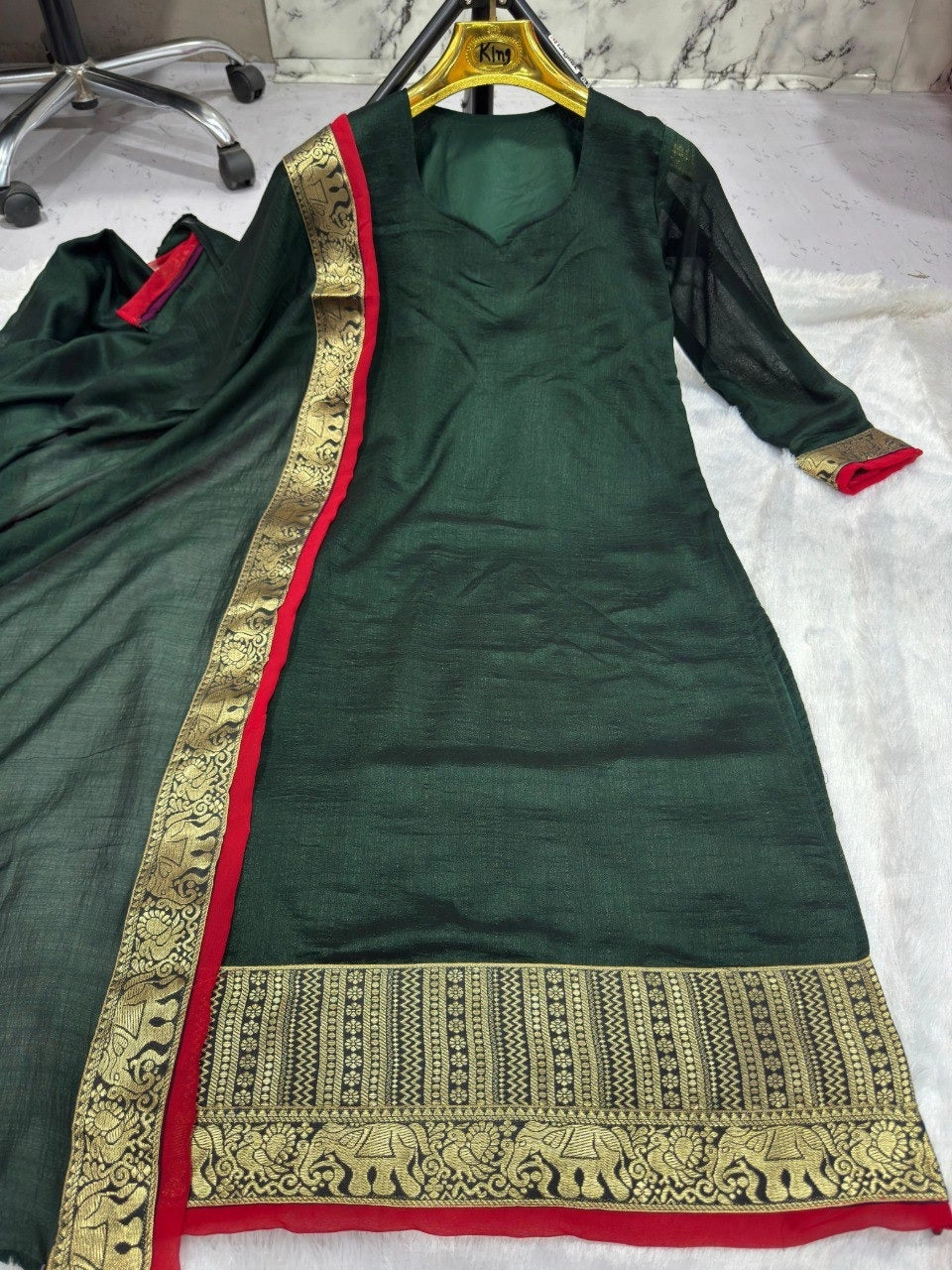 Silk Kurti with Jacquard Border Matching Dupatta