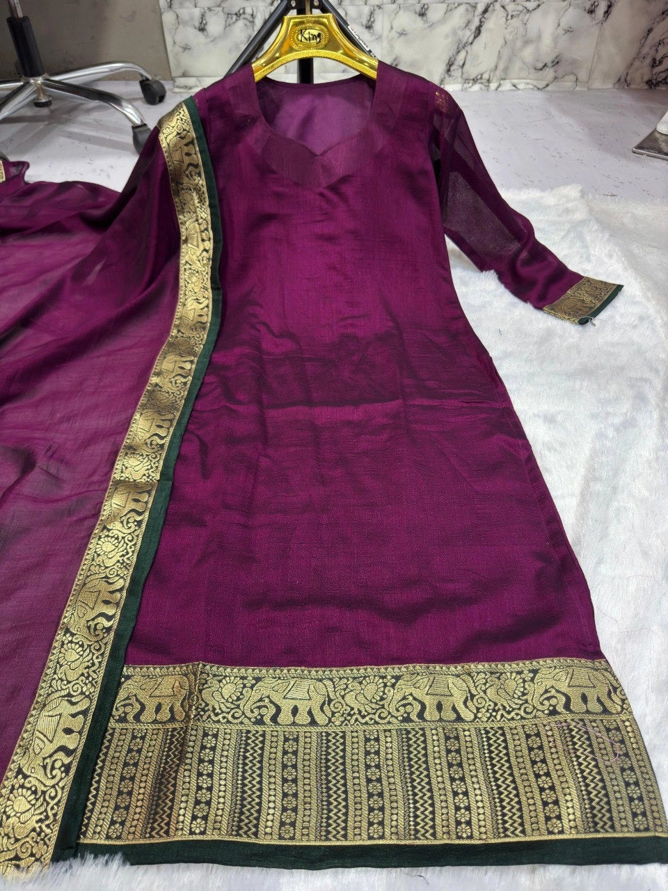 Silk Kurti with Jacquard Border Matching Dupatta