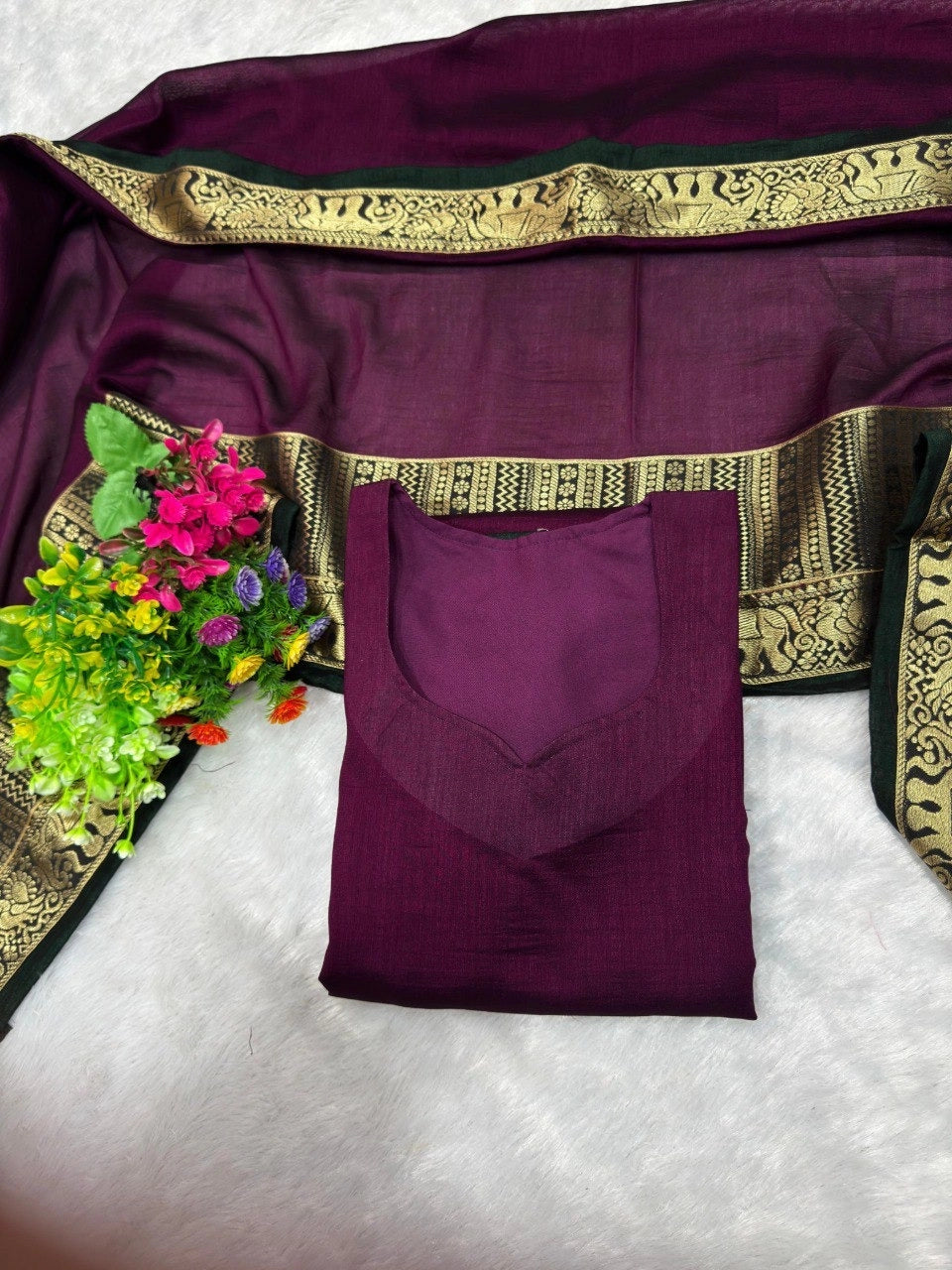 Silk Kurti with Jacquard Border Matching Dupatta