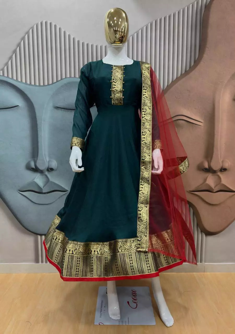 Vichhitra Silk Maxi Kurti with Net Dupatta with Jacquard Work
