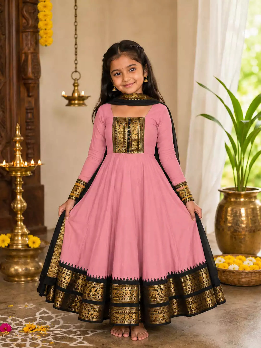Baby Pink Vichitra Silk Maxi Kurti with Jacquard Border Dupatta for Girl